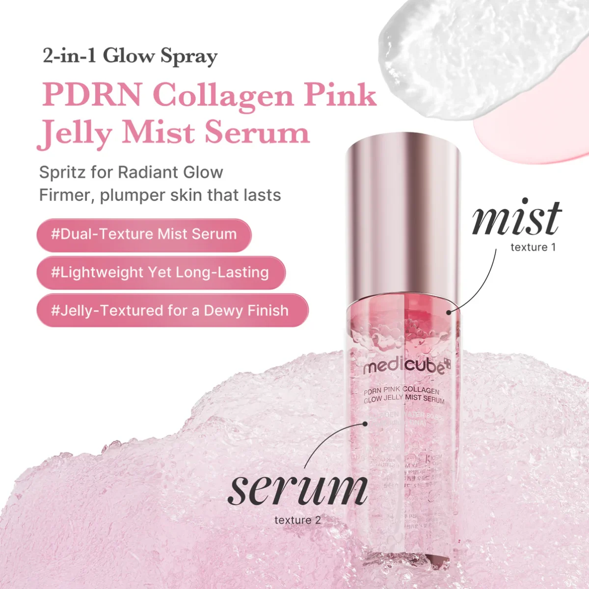 میست ژلی جوانساز و ضدچروک PDRN و کلاژن مدی کیوب medicube pink collagen glow jelly mist serum - Image 2