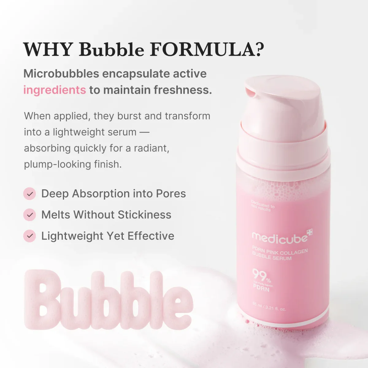 سرم حبابی کلاژن و PDRN صورتی جوانساز و درخشان کننده مدی کیوب Medicube PDRN Pink Collagen Bubble Serum - Image 5