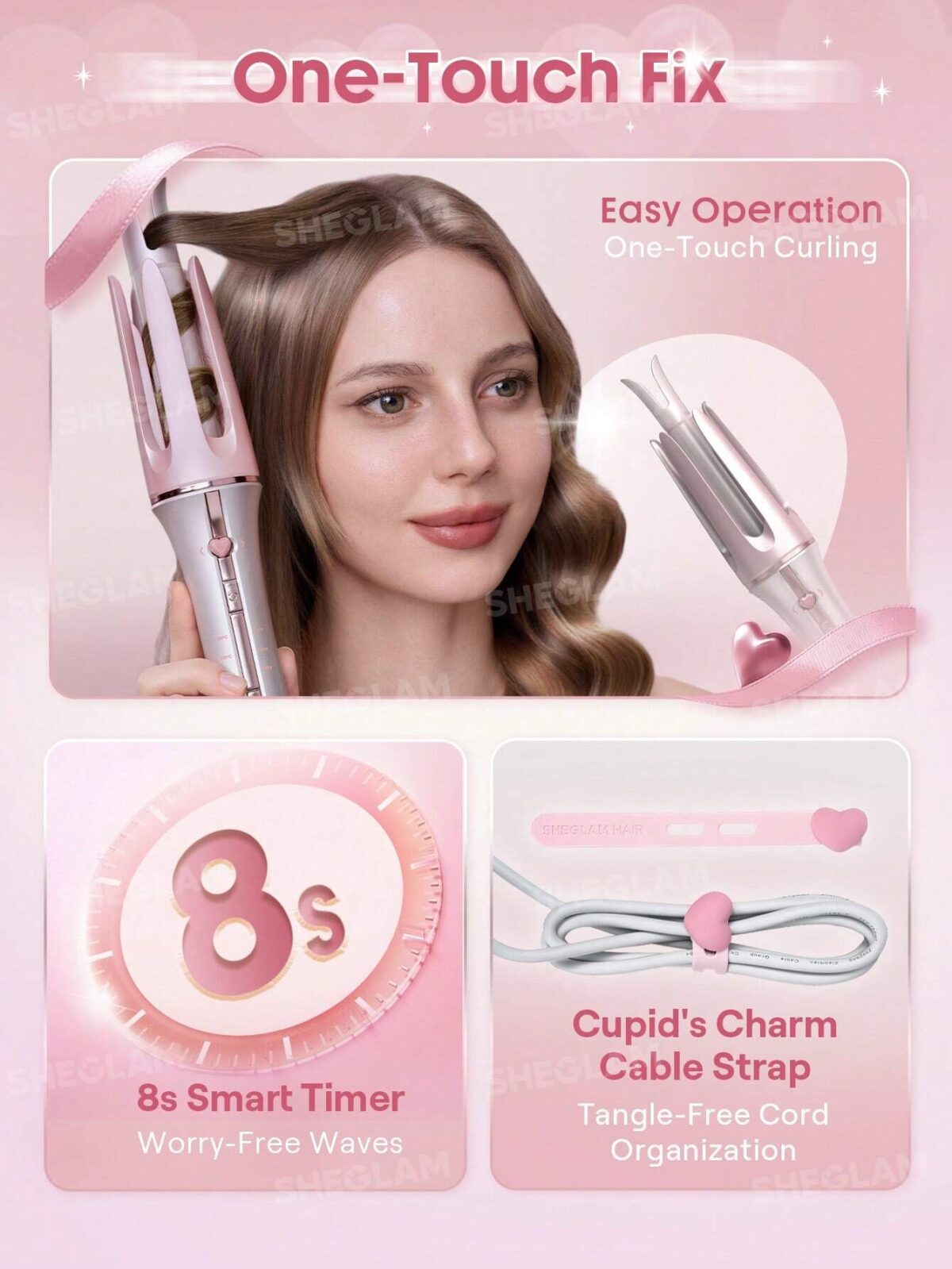 دستگاه کرلی صورتی شیگلم SHEGLAM Cupid's Charm One Touch Instant Curler - تصویر 13