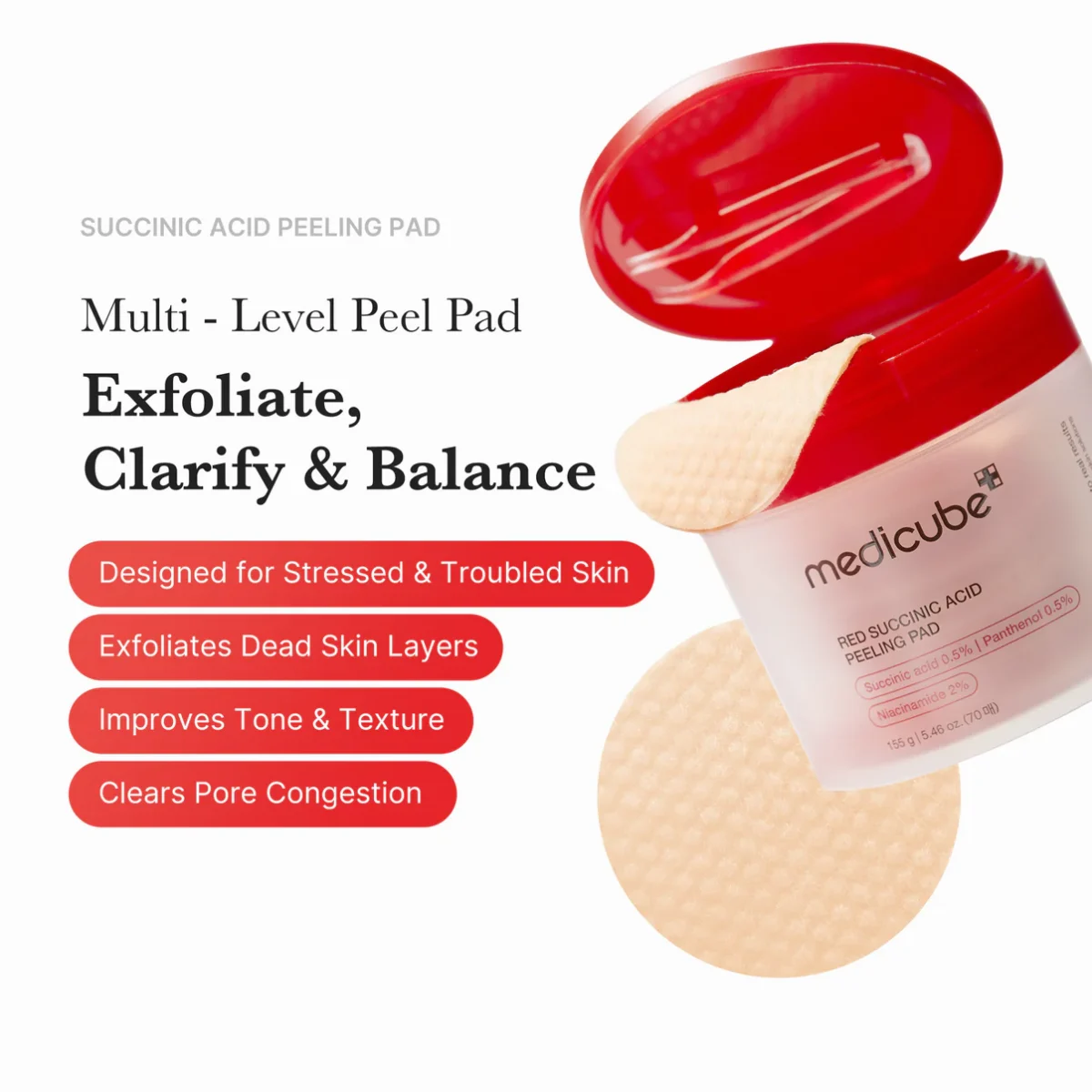 تونر پد ضدجوش و التهاب سوکسینیک اسید مدی کیوب MEDICUBE Red Succinic Acid Panthenol Pads - Image 8