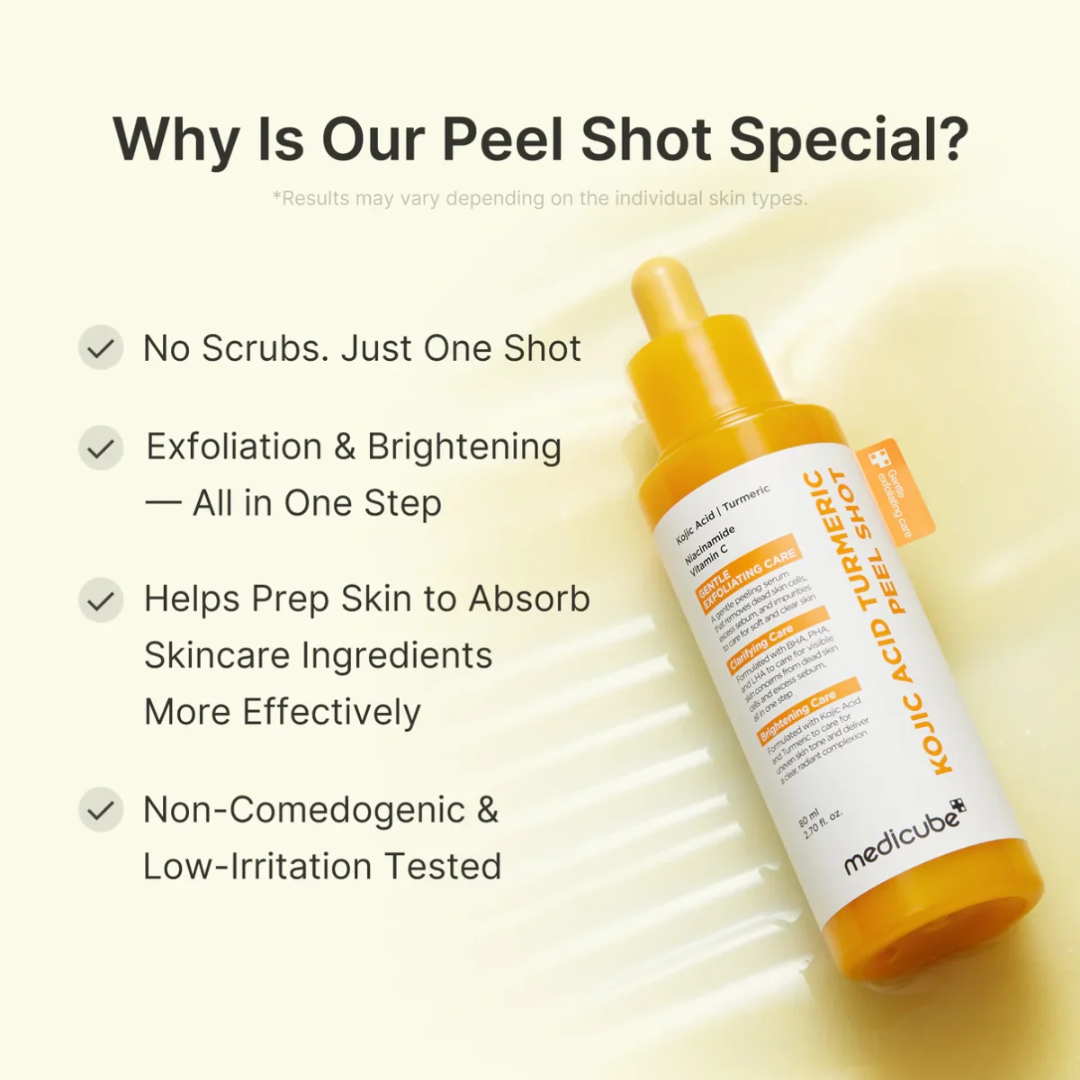 پیلینگ شات کوجیک اسید و زردچوبه روشن کننده و لایه بردار صورت مدی کیوب MEDICUBE Kojic Acid Turmeric Peel Shot - Image 4